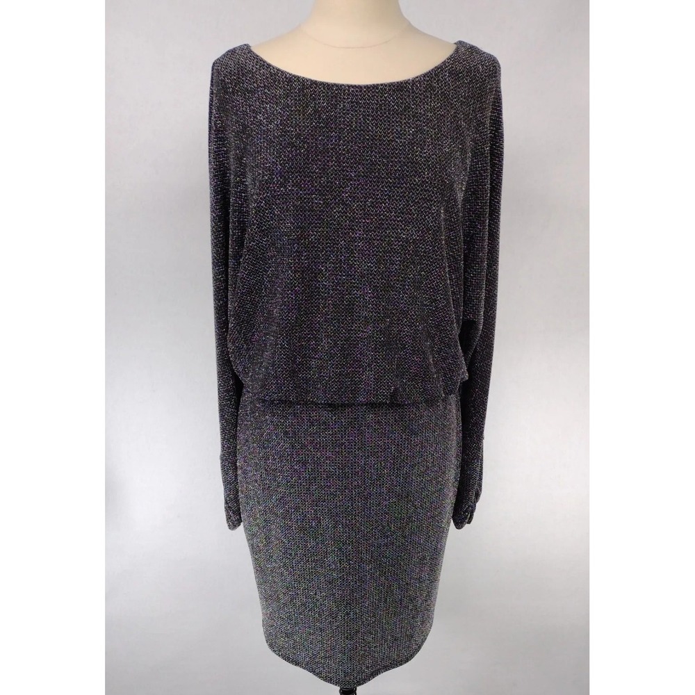 Jessica H Women 12 Blouson Dress Black Shimmer Metallic Long Cinch Sleeve Lined